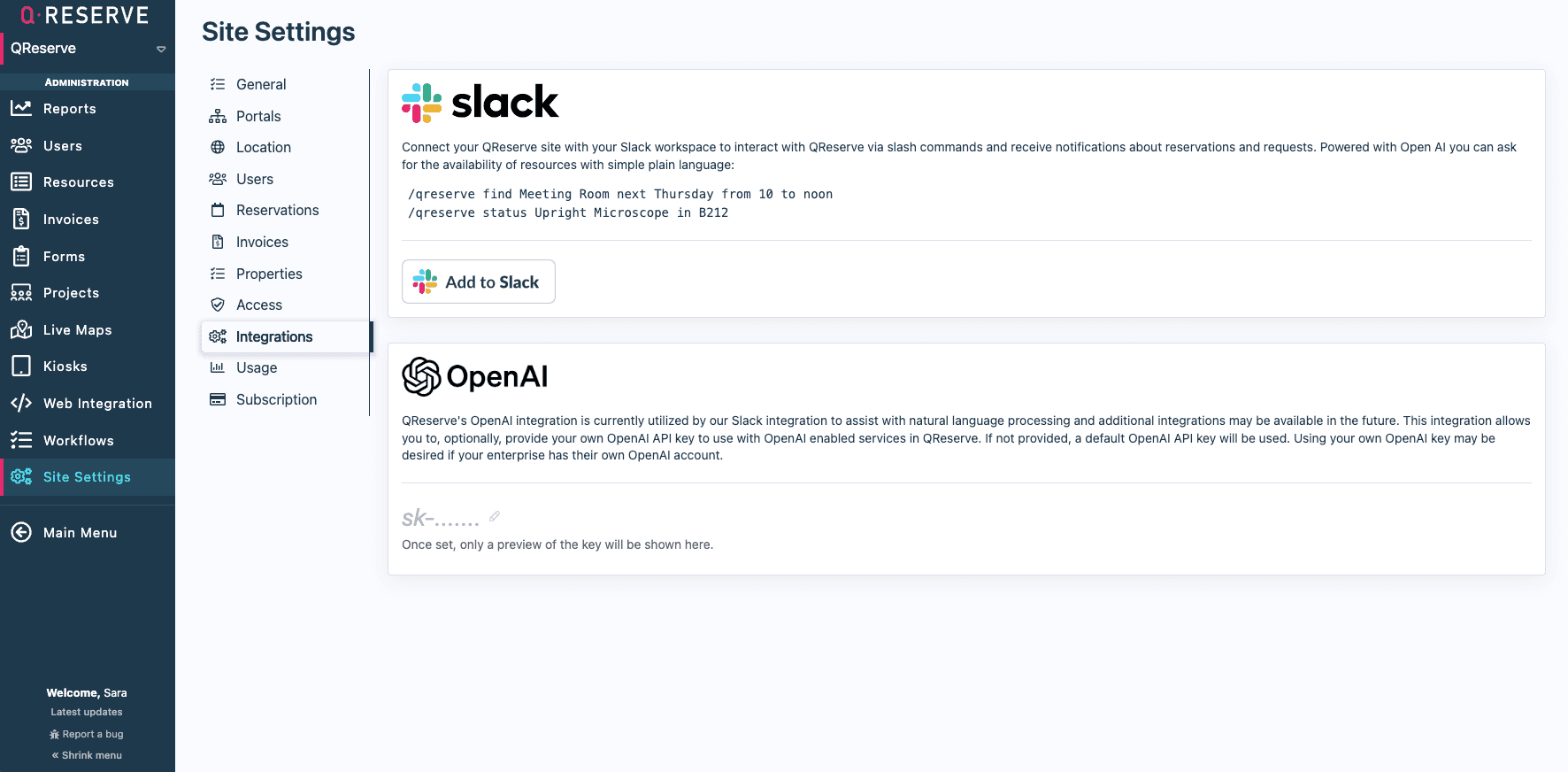 site settings slack