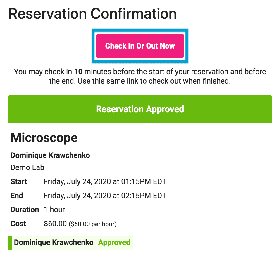 Check In and Out from the QReserve application and Emails