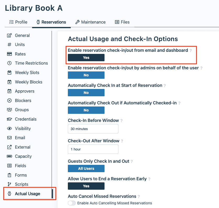 Enable users to check-in and -out for reservations