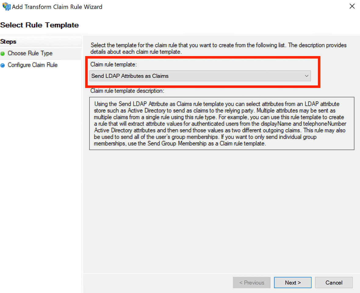 rule template should be Send LDAP Attributes as Claims