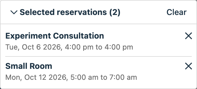 The selection cart with an Experiment Consultation request and a Small Room reservation, ready to link to another item.