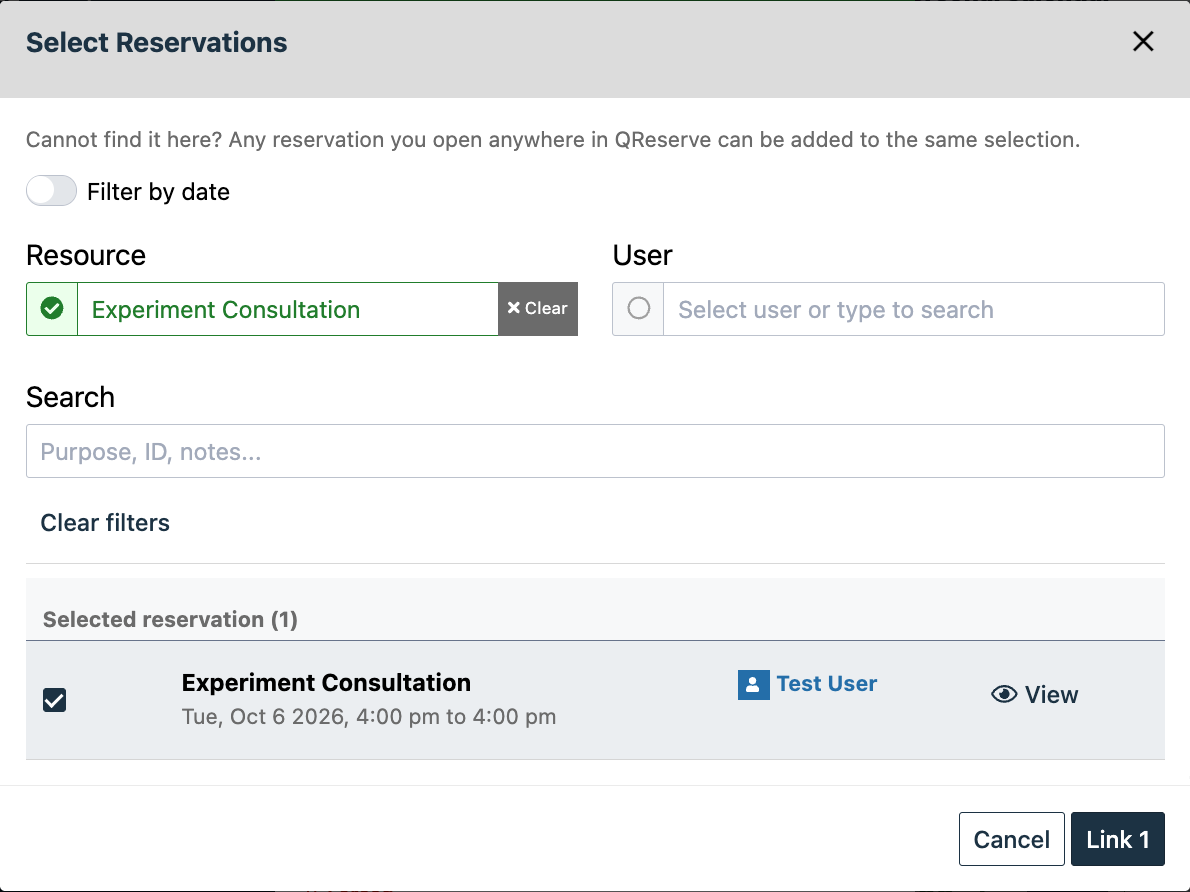The Select Reservations window filtered to Experiment Consultation, with one request selected and the Link 1 button ready.