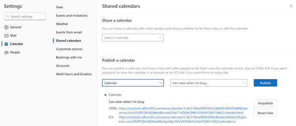 Outlook Calendar Publish URLs